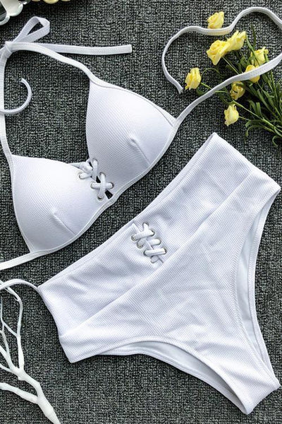 Lace Up High Waist Bikini Set - girlyrose.com