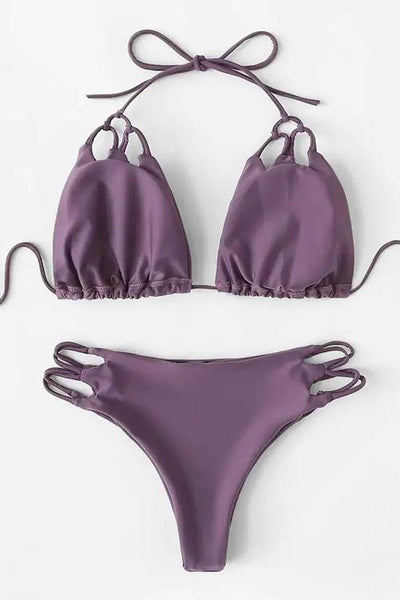 Solid Halter Neck Bikini Set - girlyrose.com