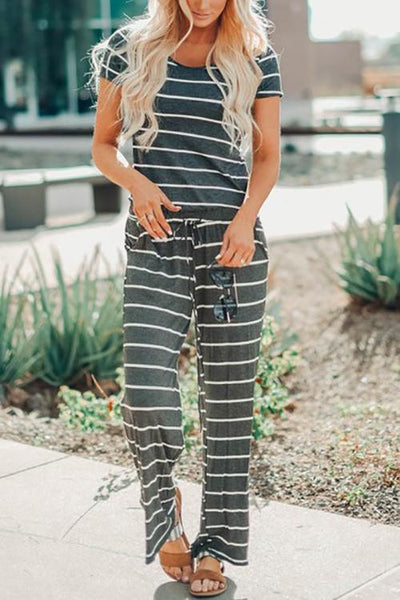 Stripe Drawstring Jumpsuit - girlyrose.com