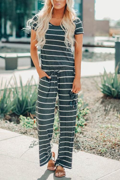 Stripe Drawstring Jumpsuit - girlyrose.com