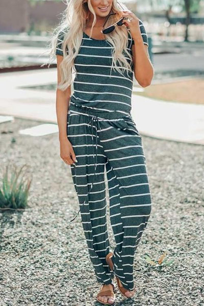 Stripe Drawstring Jumpsuit - girlyrose.com