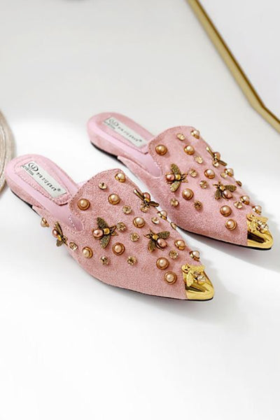 Metal Pearl Bee Mules Flats - girlyrose.com