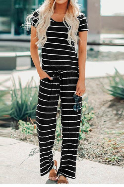 Stripe Drawstring Jumpsuit - girlyrose.com