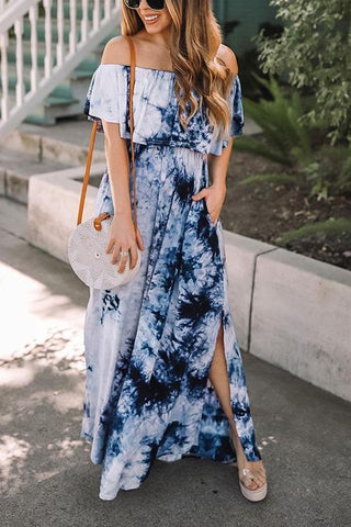 Pockets Off Shoulder Tie Dye Maxi Dress - girlyrose.com