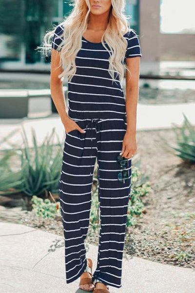 Stripe Drawstring Jumpsuit - girlyrose.com