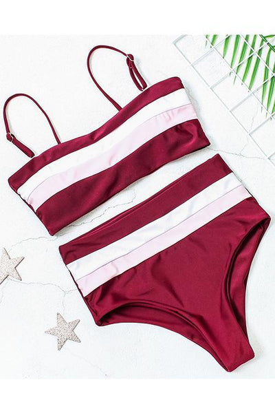 Stripe High Waist Bikini Set - girlyrose.com