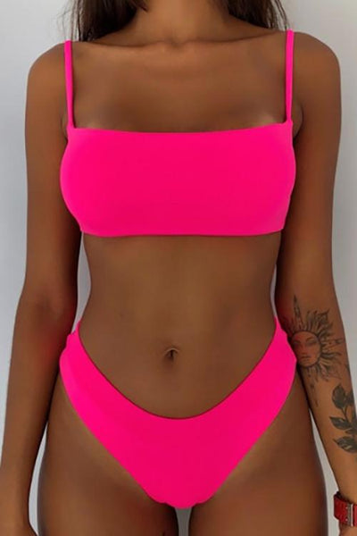 Simple Solid High Waist Bikini Set - girlyrose.com