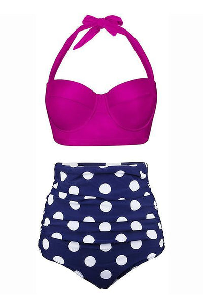 Dot Halter Neck High Waist Bikini Set - girlyrose.com