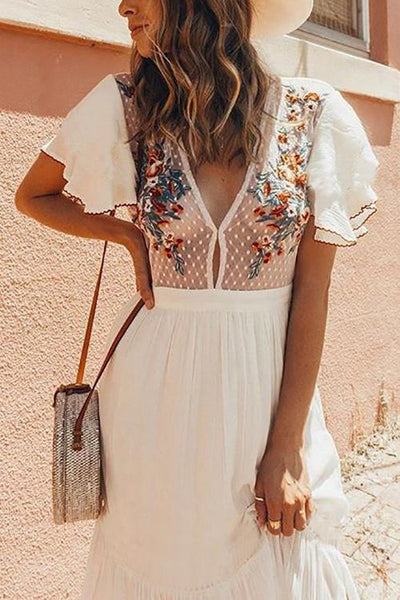 Embroidery Short Sleeve Maxi Cover Dress - girlyrose.com