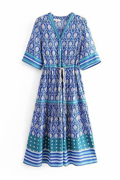 Print V Neck Short Sleeve Maxi Dress - girlyrose.com