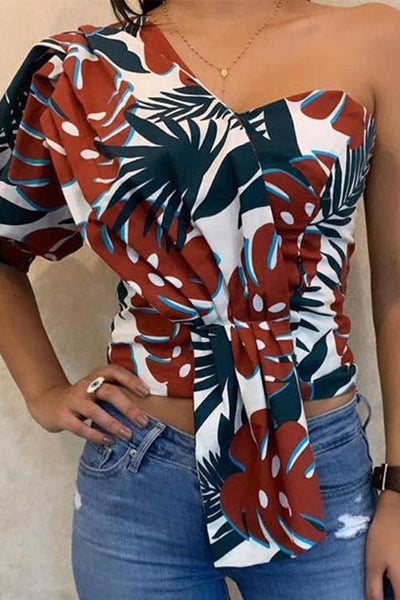 Leaf Print One Shoulder Top - girlyrose.com