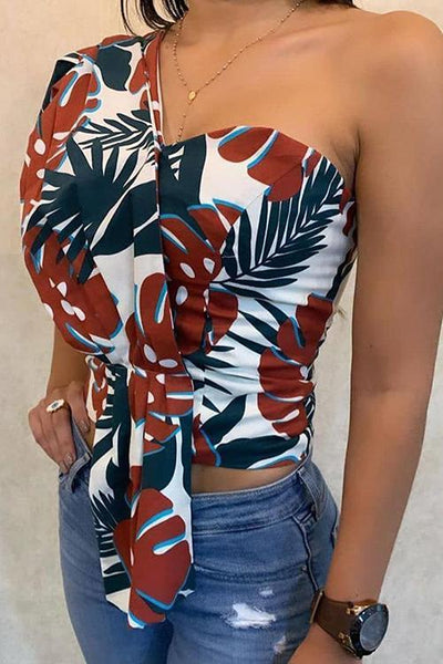 Leaf Print One Shoulder Top - girlyrose.com