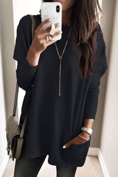 Pockets Long Sleeve Loose T Shirt