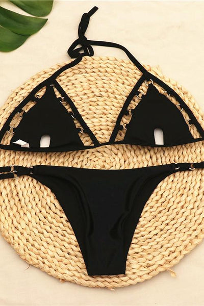 Metal Hollow Solid Bikini Set - girlyrose.com