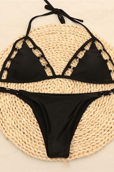 Metal Hollow Solid Bikini Set - girlyrose.com