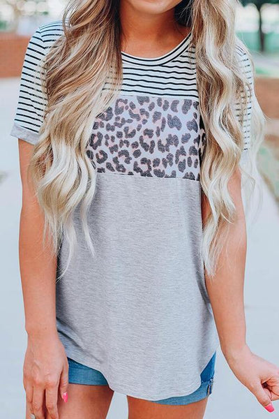 Striped Leopard Printed T-Shirt - girlyrose.com