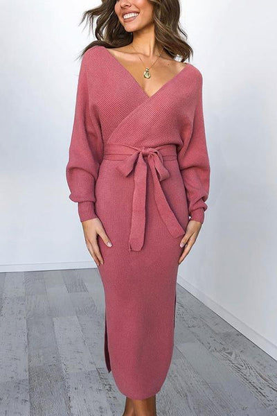 V Neck Side Slit Bleted Dress - girlyrose.com