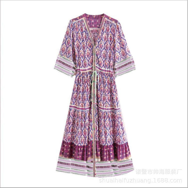 Print V Neck Short Sleeve Maxi Dress - girlyrose.com
