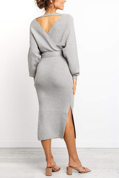 V Neck Side Slit Bleted Dress - girlyrose.com