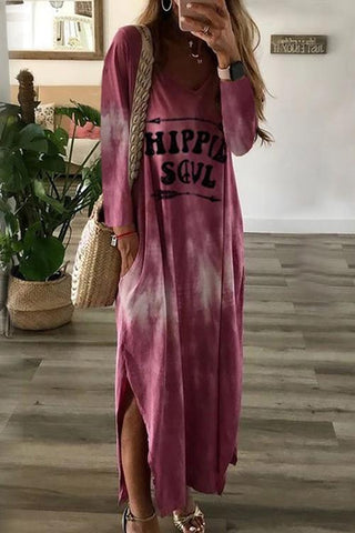 Letter Side Slit Long Sleeve Maxi Dress - girlyrose.com