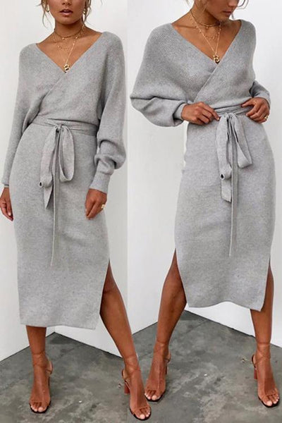 V Neck Side Slit Bleted Dress - girlyrose.com