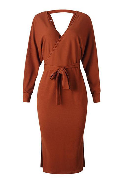 V Neck Side Slit Bleted Dress - girlyrose.com