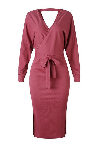 V Neck Side Slit Bleted Dress - girlyrose.com