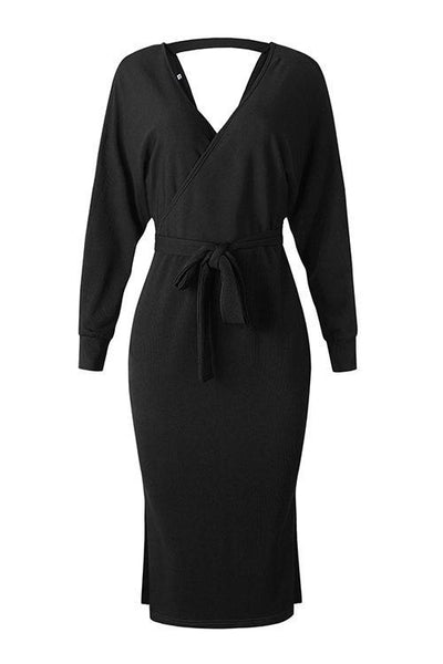 V Neck Side Slit Bleted Dress - girlyrose.com