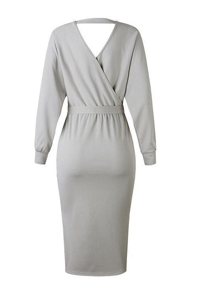 V Neck Side Slit Bleted Dress - girlyrose.com