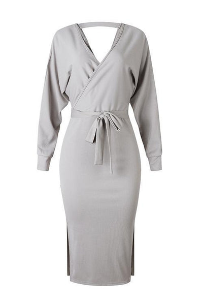 V Neck Side Slit Bleted Dress - girlyrose.com