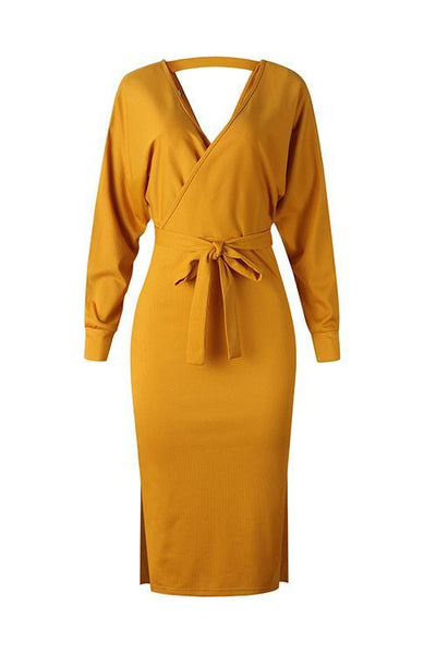 V Neck Side Slit Bleted Dress - girlyrose.com