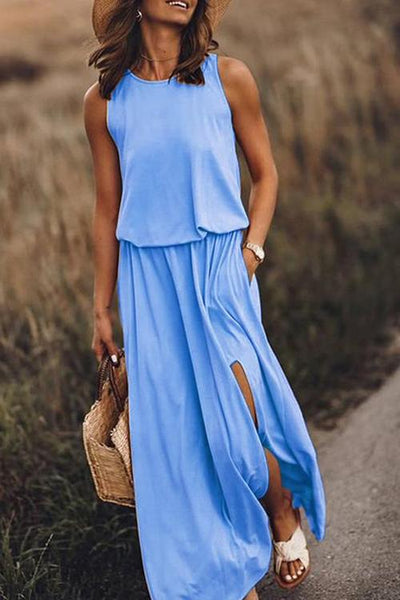 Pockets O Neck Sleeveless Slit Maxi Dress - girlyrose.com