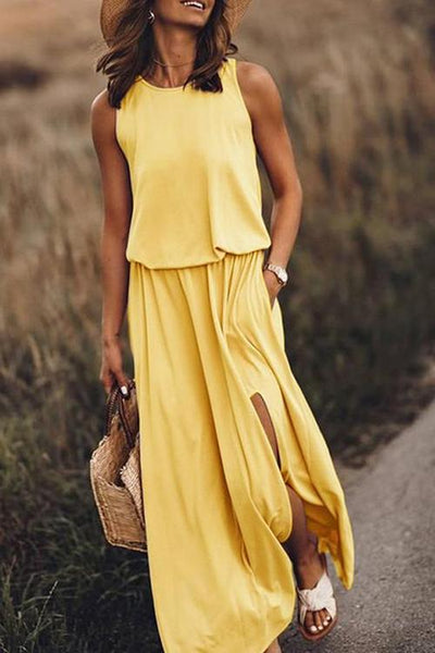 Pockets O Neck Sleeveless Slit Maxi Dress - girlyrose.com