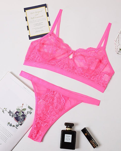 Spaghetti Strap Crochet Lace Bra Set - girlyrose.com