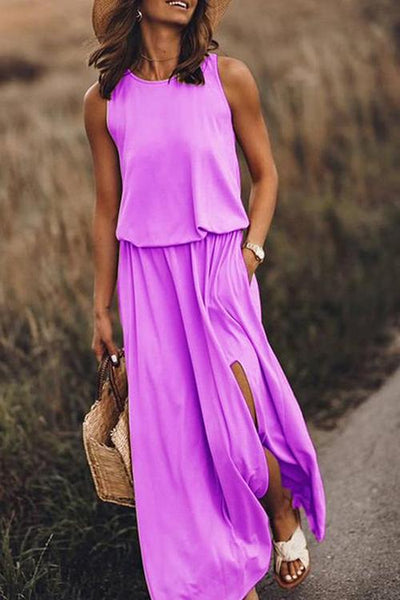 Pockets O Neck Sleeveless Slit Maxi Dress - girlyrose.com