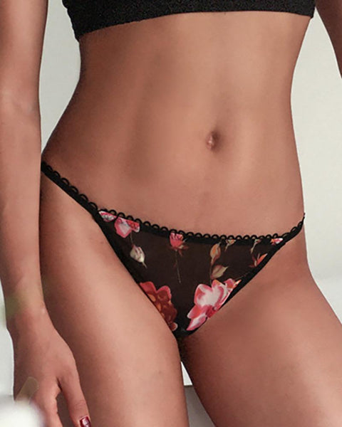 Floral Embroidery Low Waist Lace-up Thong - girlyrose.com
