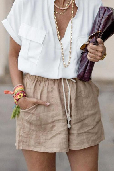 Pockets Drawstring Linen Shorts - girlyrose.com