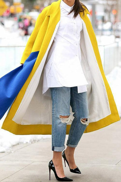 Pockets Color Block Long Coat - girlyrose.com