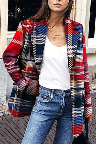 Turndown Collar Plaid Long Sleeve Coat - girlyrose.com