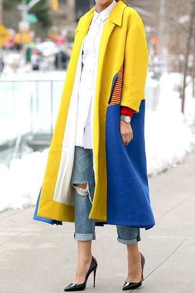 Pockets Color Block Long Coat - girlyrose.com