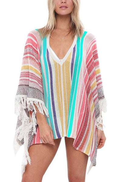 Colorfyl Stripe Tassles Cover Up - girlyrose.com