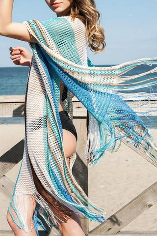 Color Block Tassels V Neck Cover Up - girlyrose.com