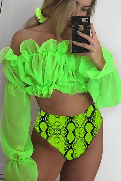 Ruffles Mesh Long Sleeve Bikini Set - girlyrose.com