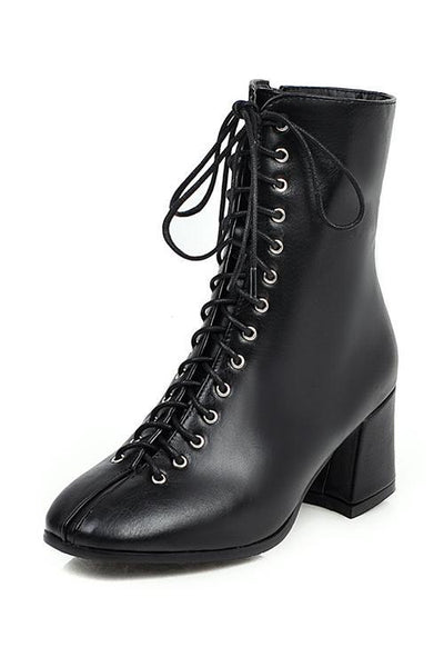 Square Toe Mid Heels Lace Up Boots - girlyrose.com