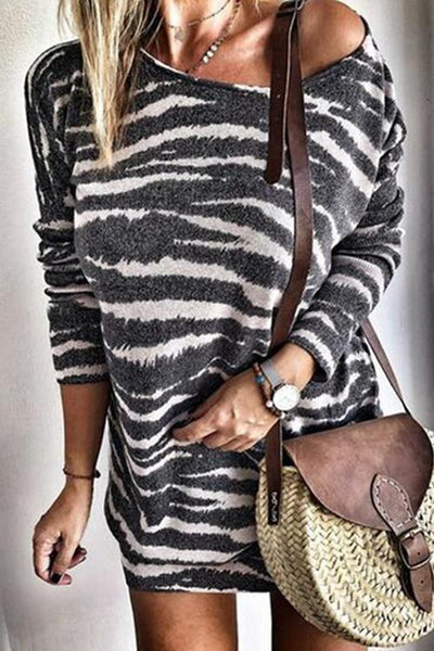 Zebra Stripe Long Sleeve Mini Dress - girlyrose.com