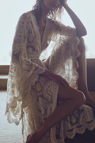 Flares Sleeve Lace Long Cover Up With Belted - girlyrose.com