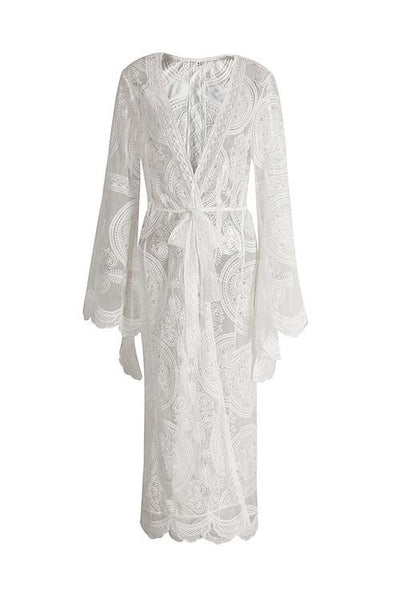 Flares Sleeve Lace Long Cover Up With Belted - girlyrose.com