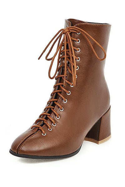 Square Toe Mid Heels Lace Up Boots - girlyrose.com