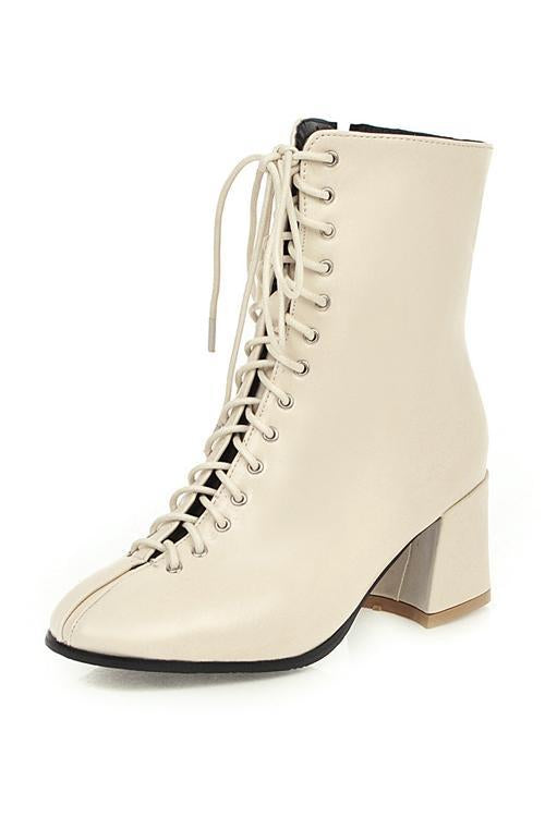 Square Toe Mid Heels Lace Up Boots - girlyrose.com