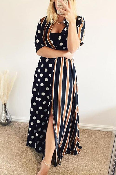 Dot Stripe Patchwork Maxi Dress - girlyrose.com